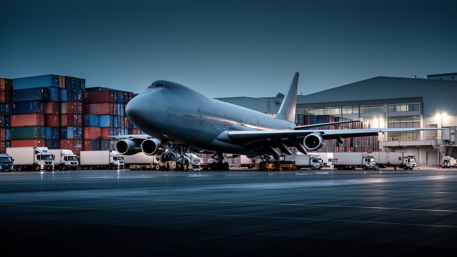 Cargo aircraft, shipping containers and delivery trucks at a logistics hub